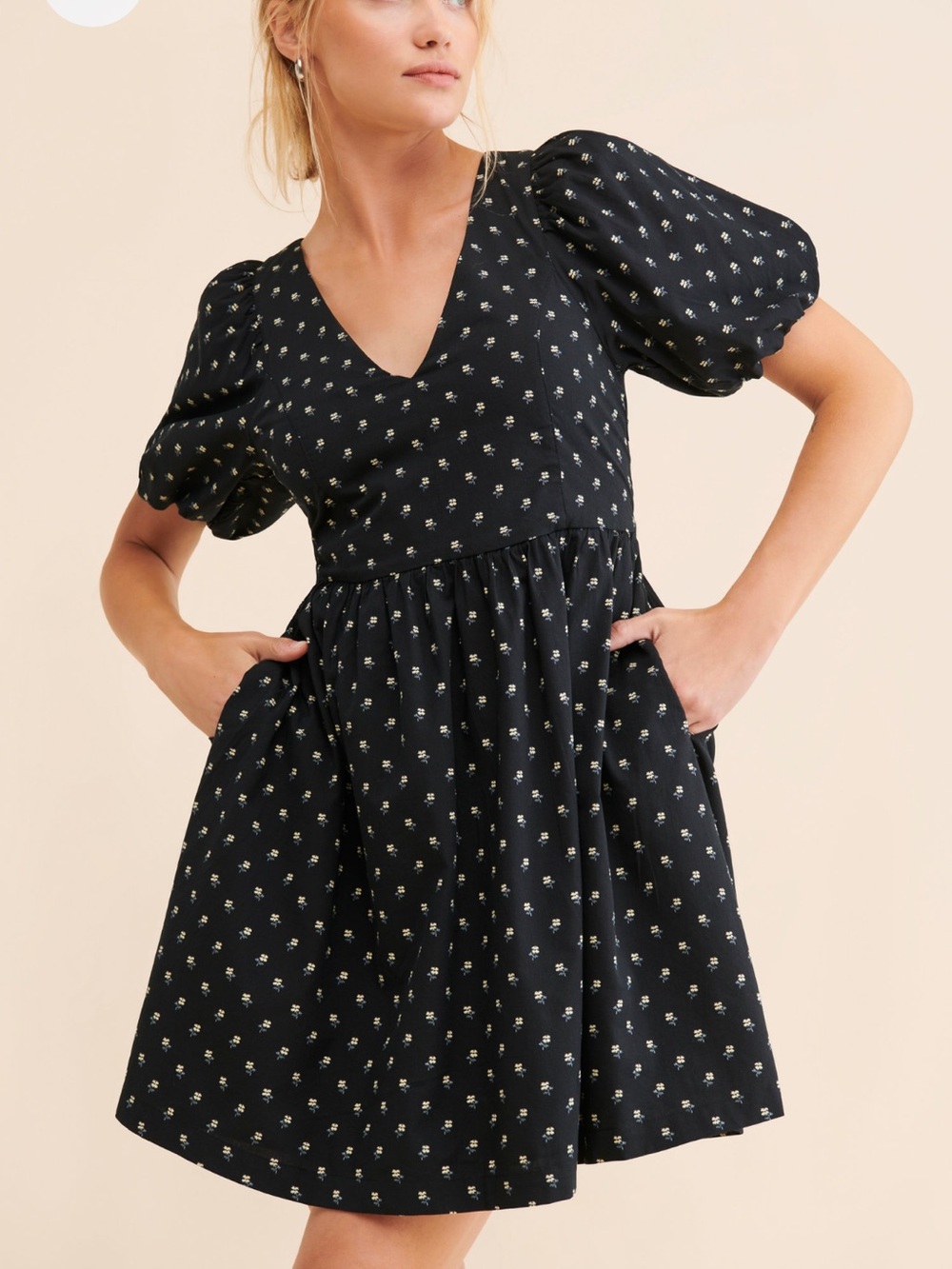 Madewell Black Puff Sleeve V-Neck Mini Dress Small White Floral Print size L euc